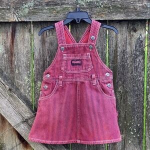 VINTAGE Oshkosh Red Railroad Stripe Denim Overall Jumper Dress Toddler 18M